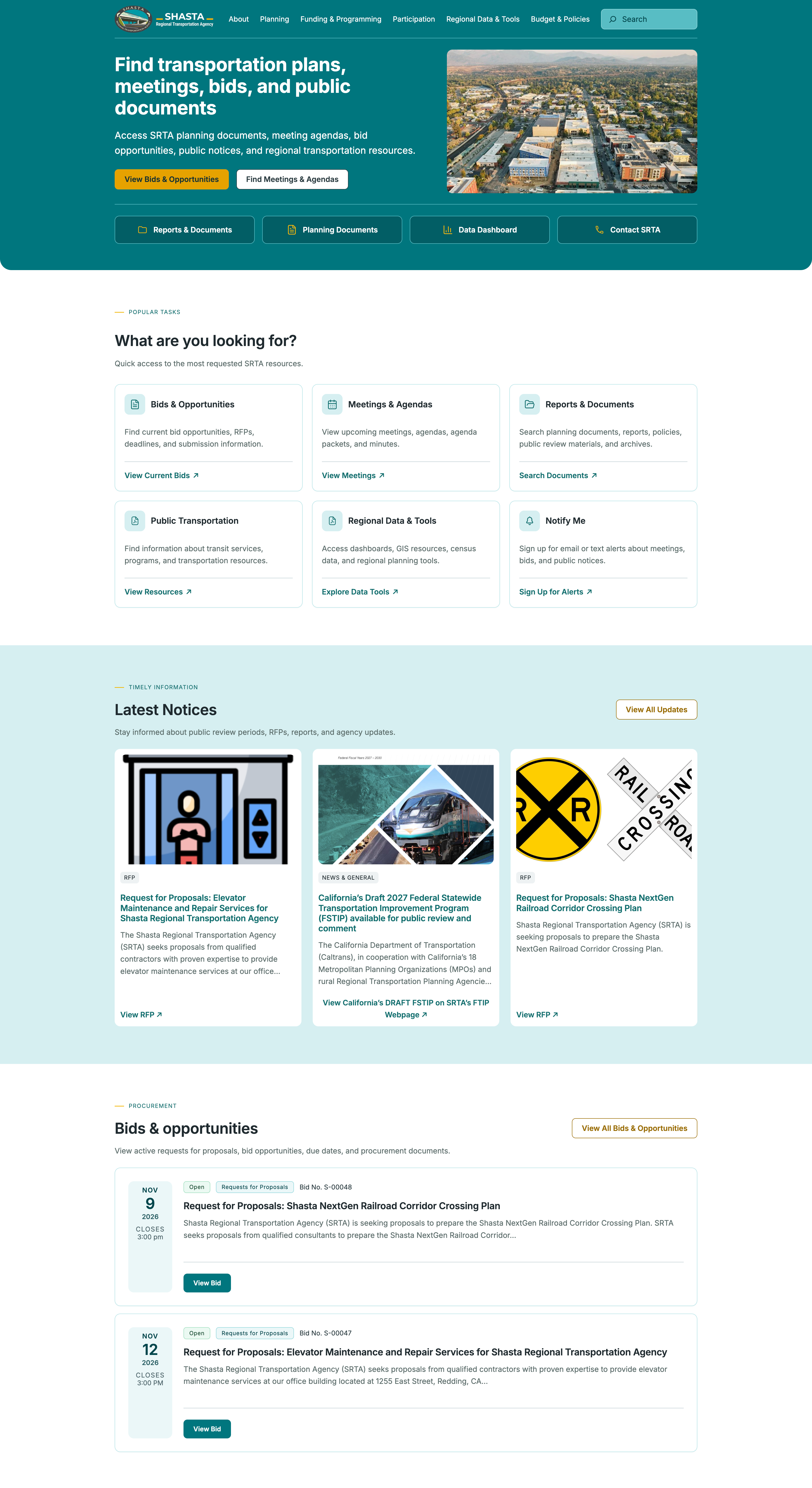 The srta.ca.gov home page, scrolling from the headline Find transportation plans, meetings, bids, and public documents, through the popular tasks, the latest notices and the open bids and opportunities.